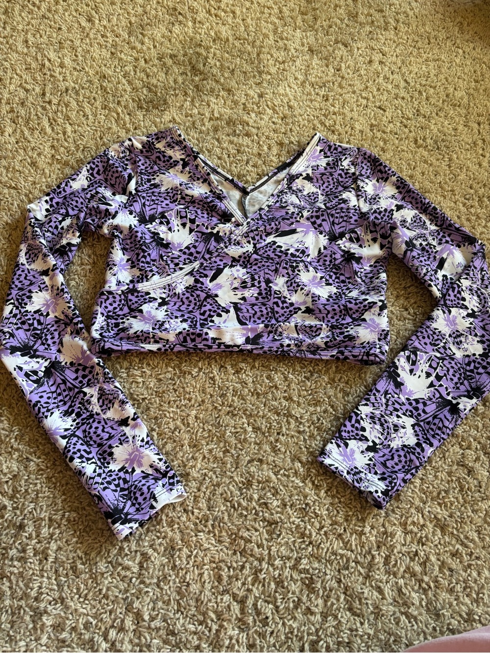 Purple Floral V-Neck Long Sleeve Crop Top
